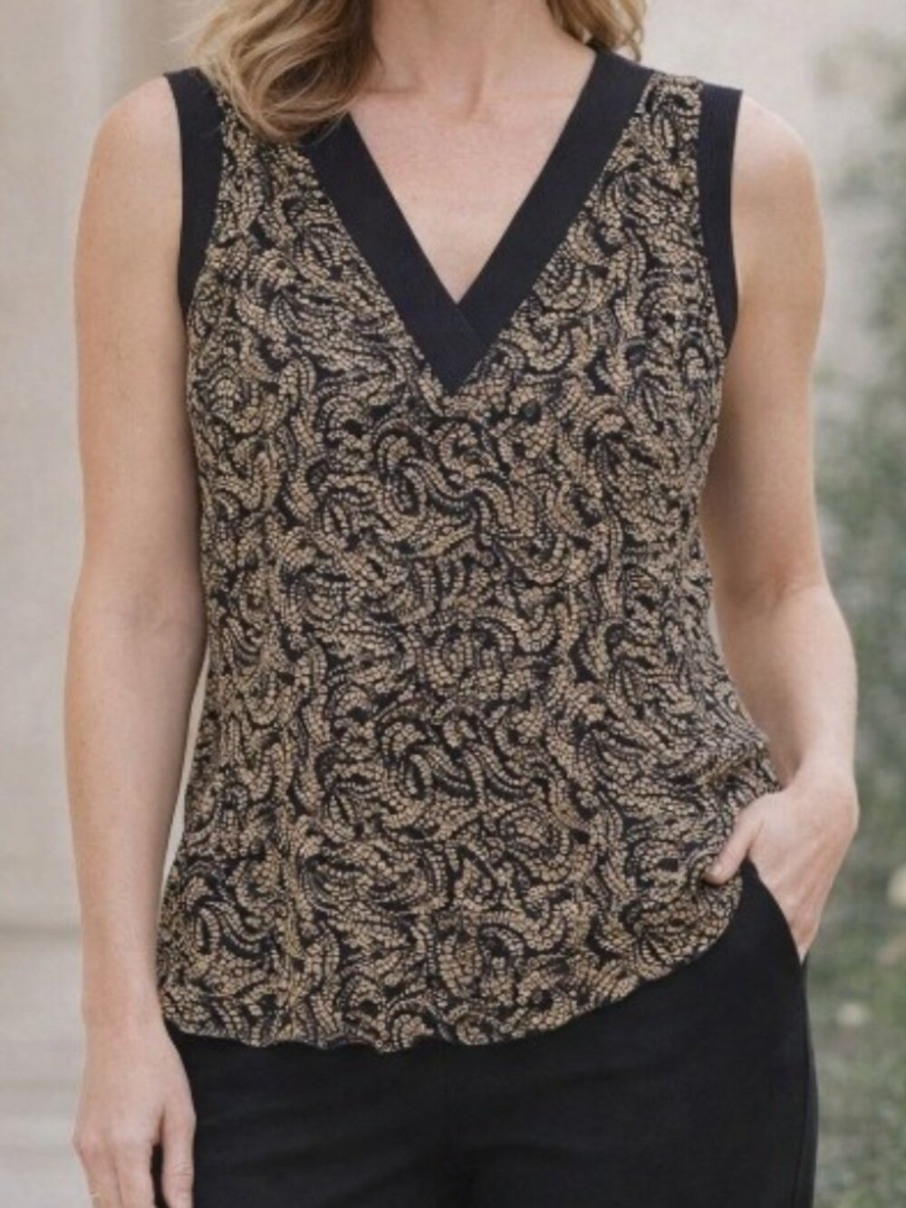 Nine West Vintage Y2K Beige Black Silk Geometric Paisley Peplum Tank Top Large